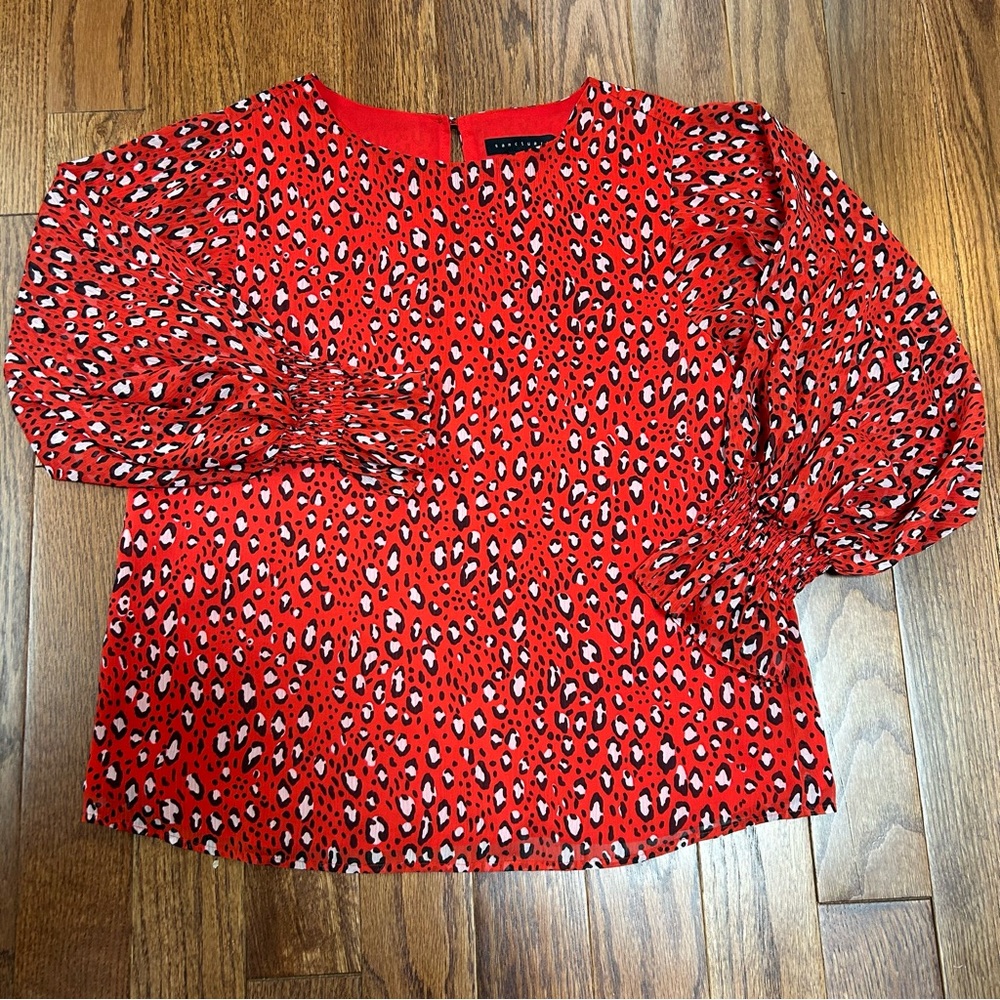 Sanctuary Red Leopard Print Blouse with Puffy Sleeves Size S